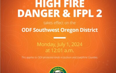 Fire Danger Level Increases to High, IFPL 2 on ODF-Protected Lands in Jackson and Josephine Counties