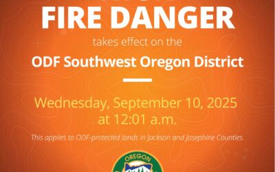 Fire danger level decreases to High on ODF-protected lands in Jackson and Josephine Counties