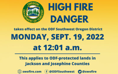 Fire Danger Level Decreases to High on ODF-Protected Lands in Jackson and Josephine Counties