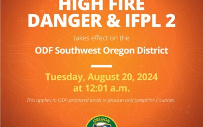 Fire Danger Level Decreasing to High, IFPL 2 on ODF-Protected Lands in Jackson and Josephine Counties   