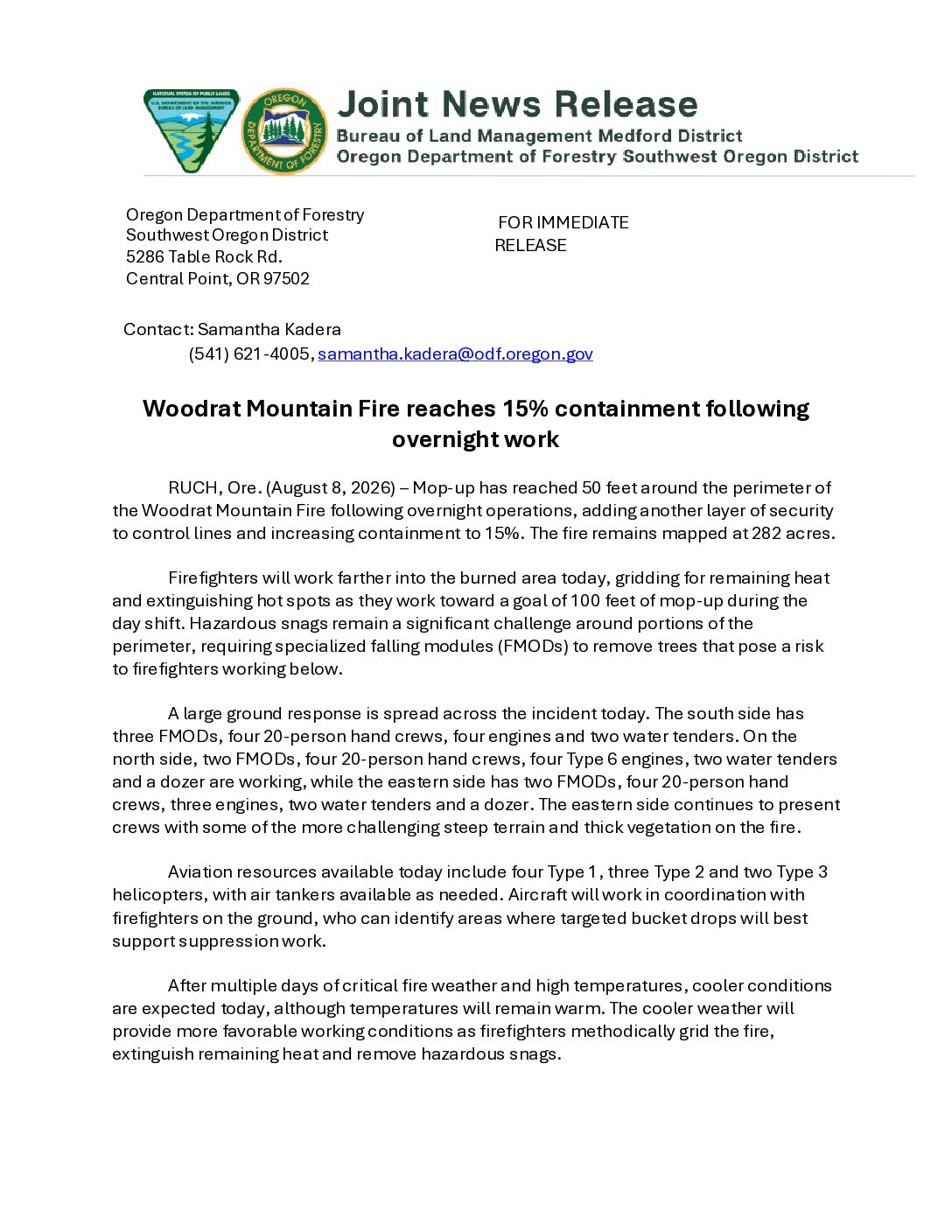 Woodrat Mountain Fire reaches 15% containment following overnight work